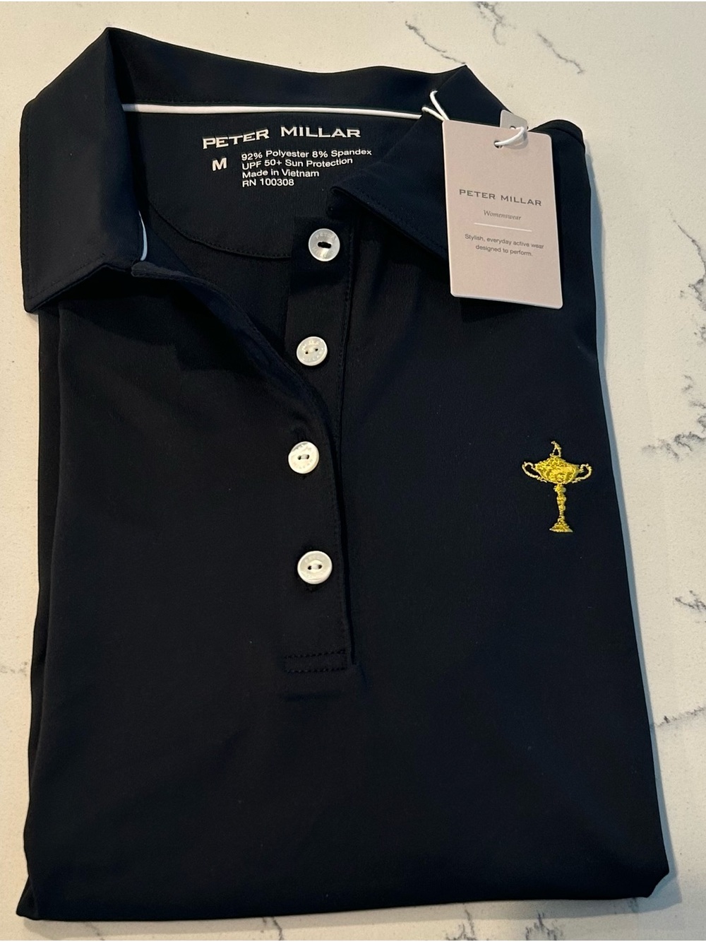 Peter Millar Ryder Cup AON Women M Golf Crown Polo Black Trophy Logo NWTs